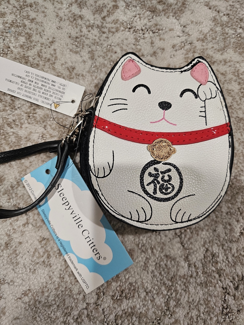 Sleepyville Critters White Maneki Neko Cat Coin Purse with Wrist Strap